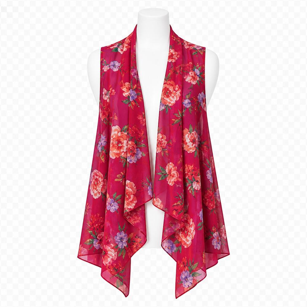 Susan Graver Floral Sheer Drape Front Lightweight Vest/Kimono - Size M